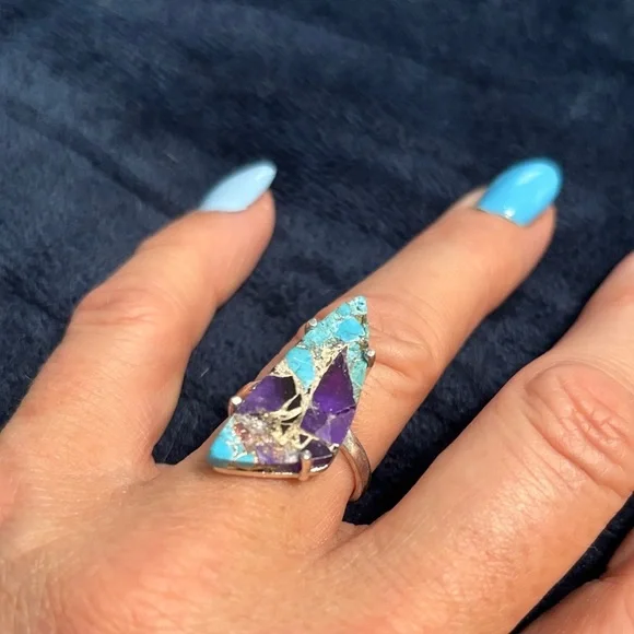 Elegant Purple and Blue Turquoise Sterling Silver Statement Adjustable Ring - Picture 3 of 6
